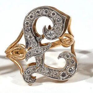 14k yellow gold melee diamond signet ring "F"